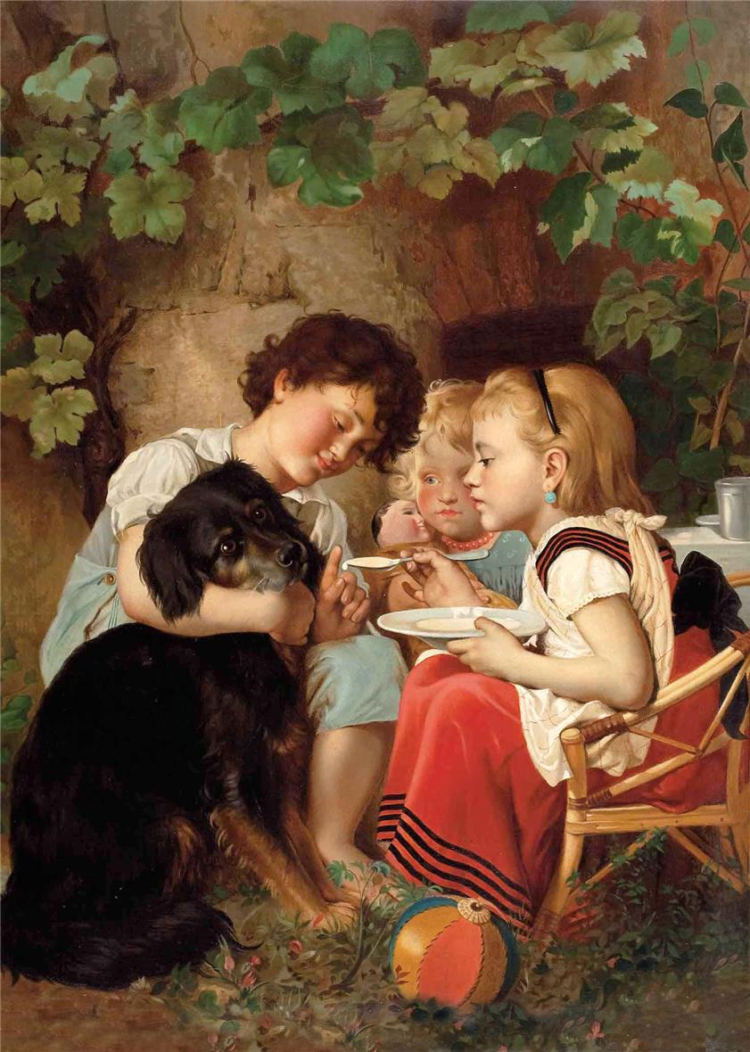 Three children feeding dog